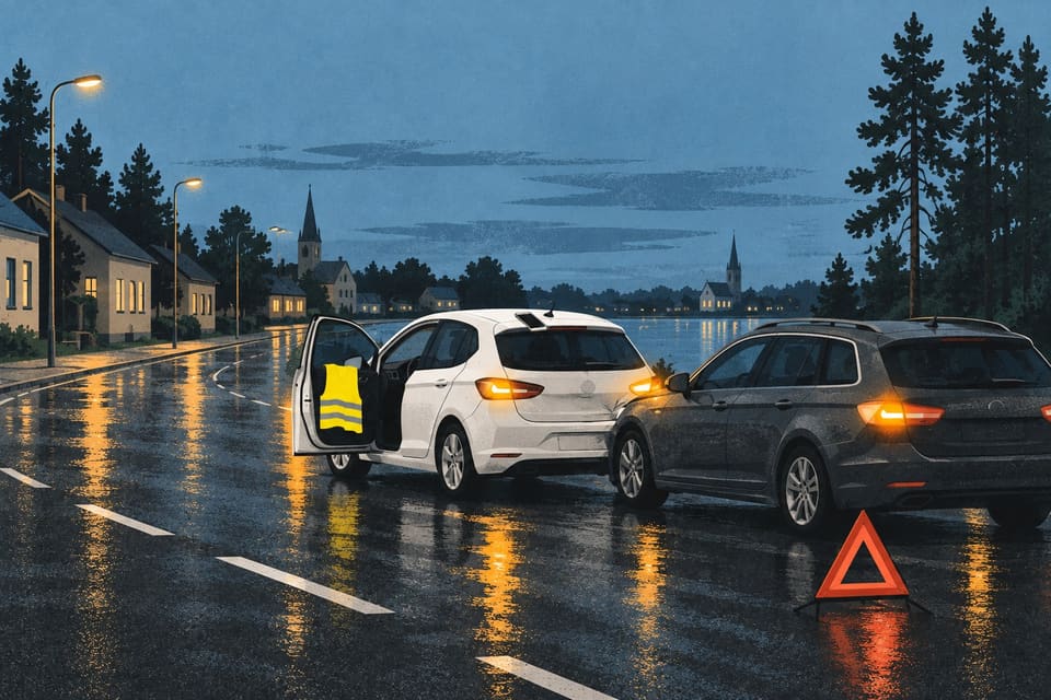 Illustration: two cars after a minor collision, a warning triangle on the road