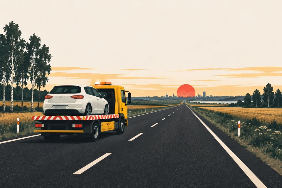 Illustration: a tow truck carrying a car on a long road across the Latvian plain