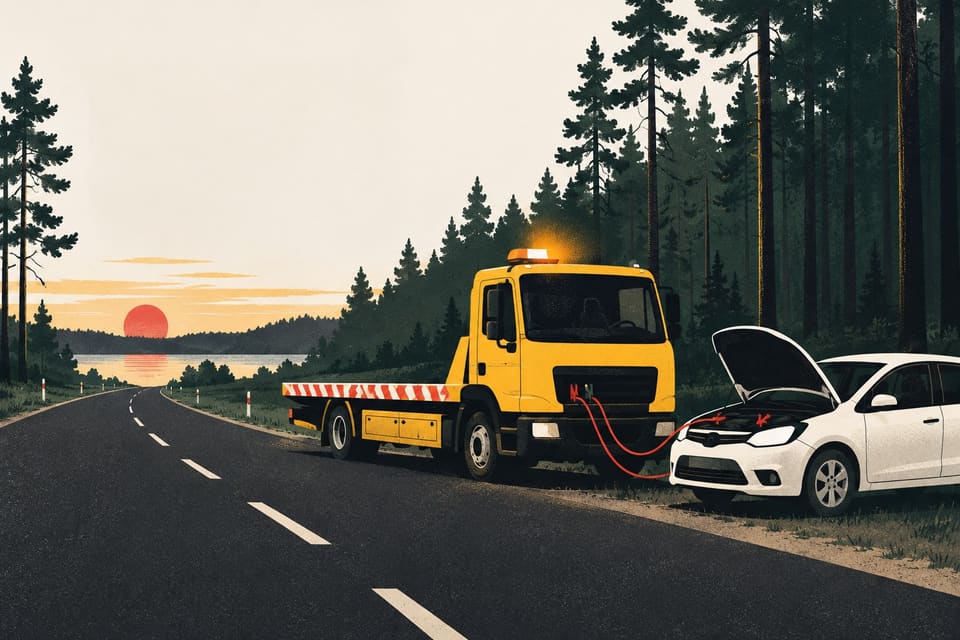 Ilustrācija: evakuators iedarbina auto ar vadiem uz meža ceļa